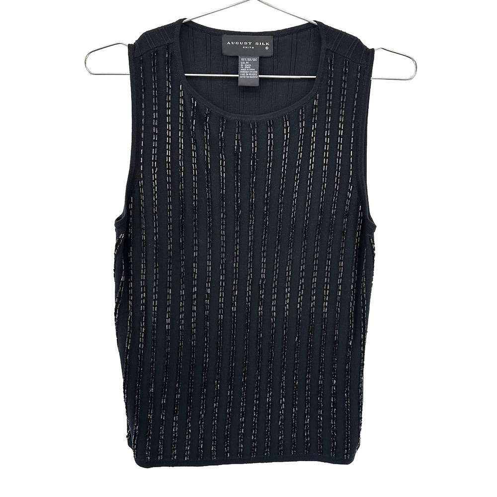 AUGUST SILK Beaded 100% Silk Sweater Knit Tank • Medium • black • chic preppy